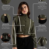 Women's Snap Button Crop Jacket with Elastic Drawstring