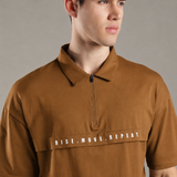 Dropped Shoulder Half-Zip Polo T Shirt with minimal graphic print