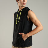 Men's Sleeveless Hoodie with Kangaroo Pocket & Neon Drawstring