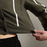 Women's Snap Button Crop Jacket with Elastic Drawstring