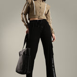 Women's Snap Button Crop Jacket with Elastic Drawstring