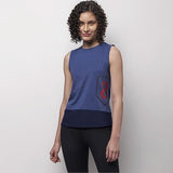 Women Slim Fit Breathable Poly Cotton Melange Effect Tank Top with Mesh Panel at Bottom