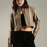 Women's Snap Button Crop Jacket with Elastic Drawstring