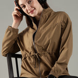 Women's Woven Jacket with High V-Neck & Zipper Opening