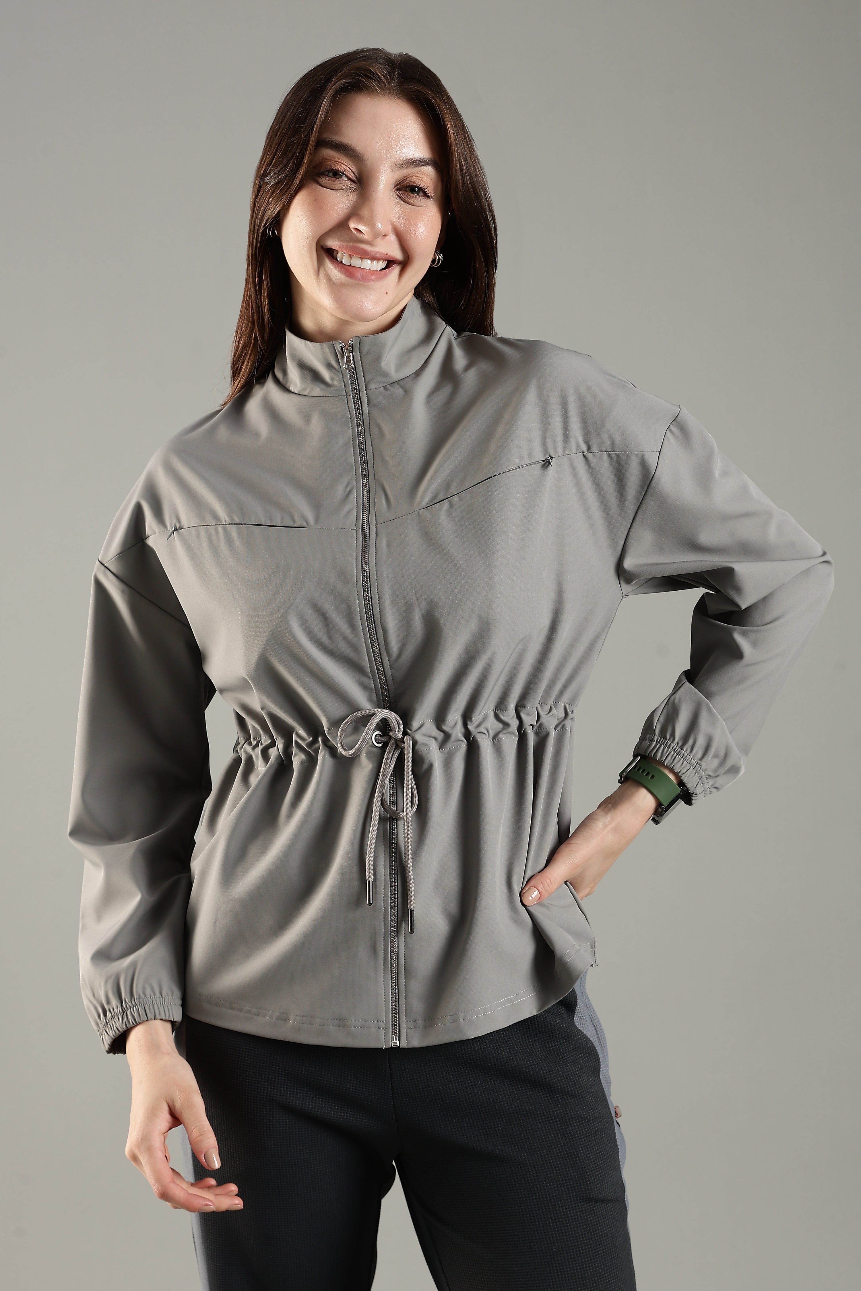 Women's Woven Jacket with High Neck & Zipper Opening