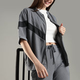 Women’s Half Sleeve V-Neck Textured Zipper Jacket