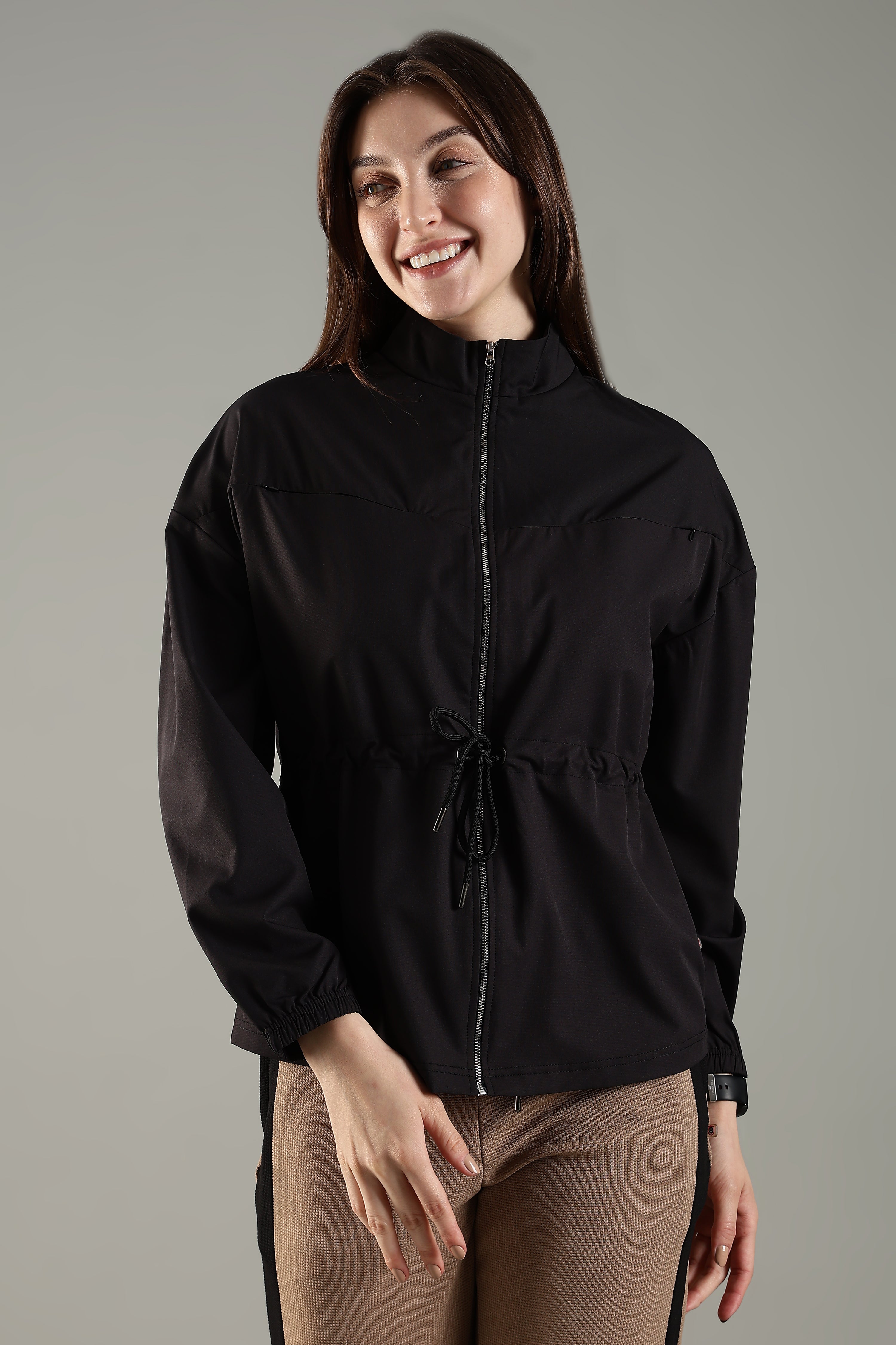 Women's Woven Jacket with High Neck & Zipper Opening