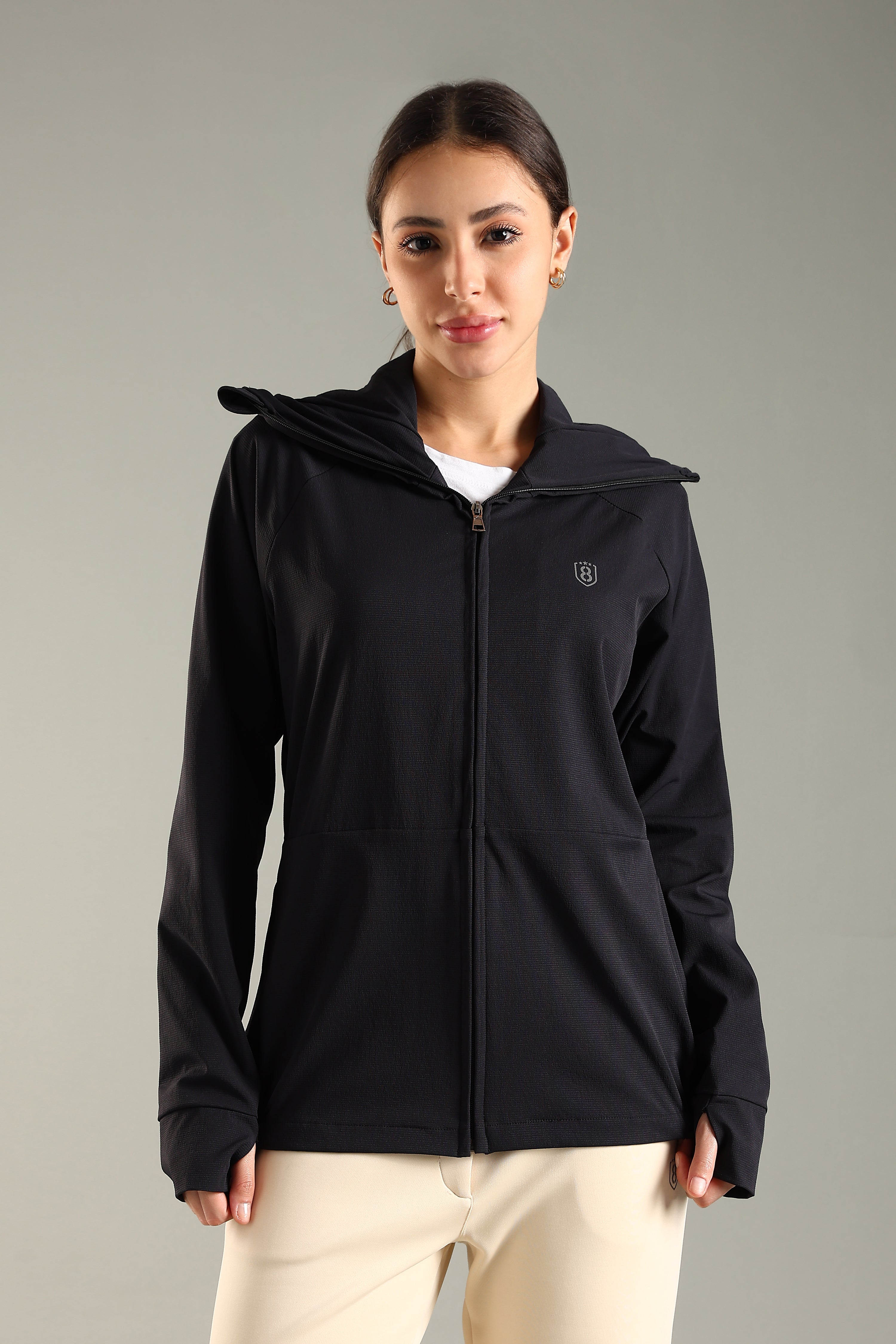 Women's Hooded Water-repellent Jacket with Thumb hole Sleeve