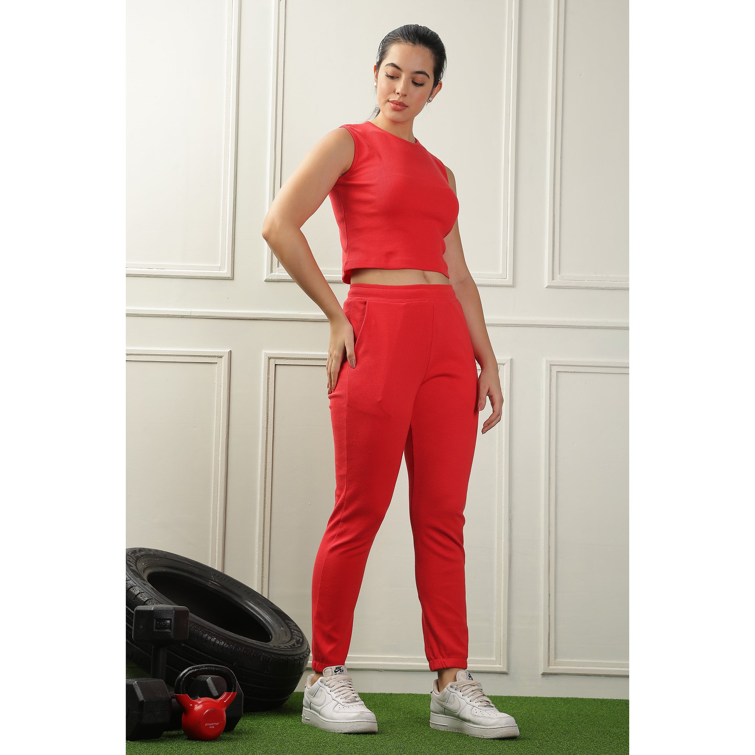 Womens Cotton Crop Top and Draw String Side Pocket Jogger