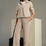 On-Trend Relaxed Fit Pullover set with wide-leg contrast piping bottom for Elevated All-Day Comfort.