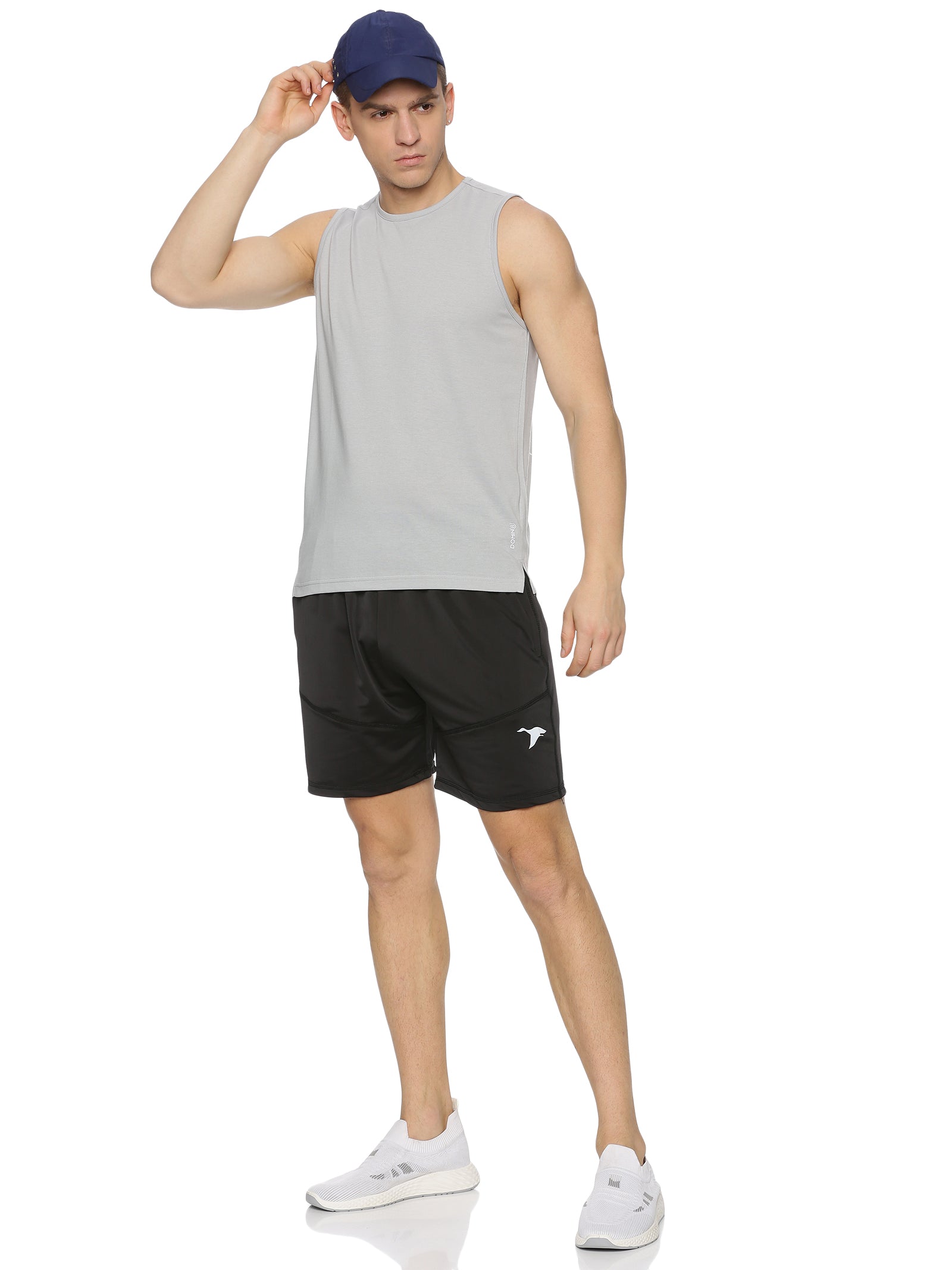 Front view of men's breathable grey sleeveless top for activewear