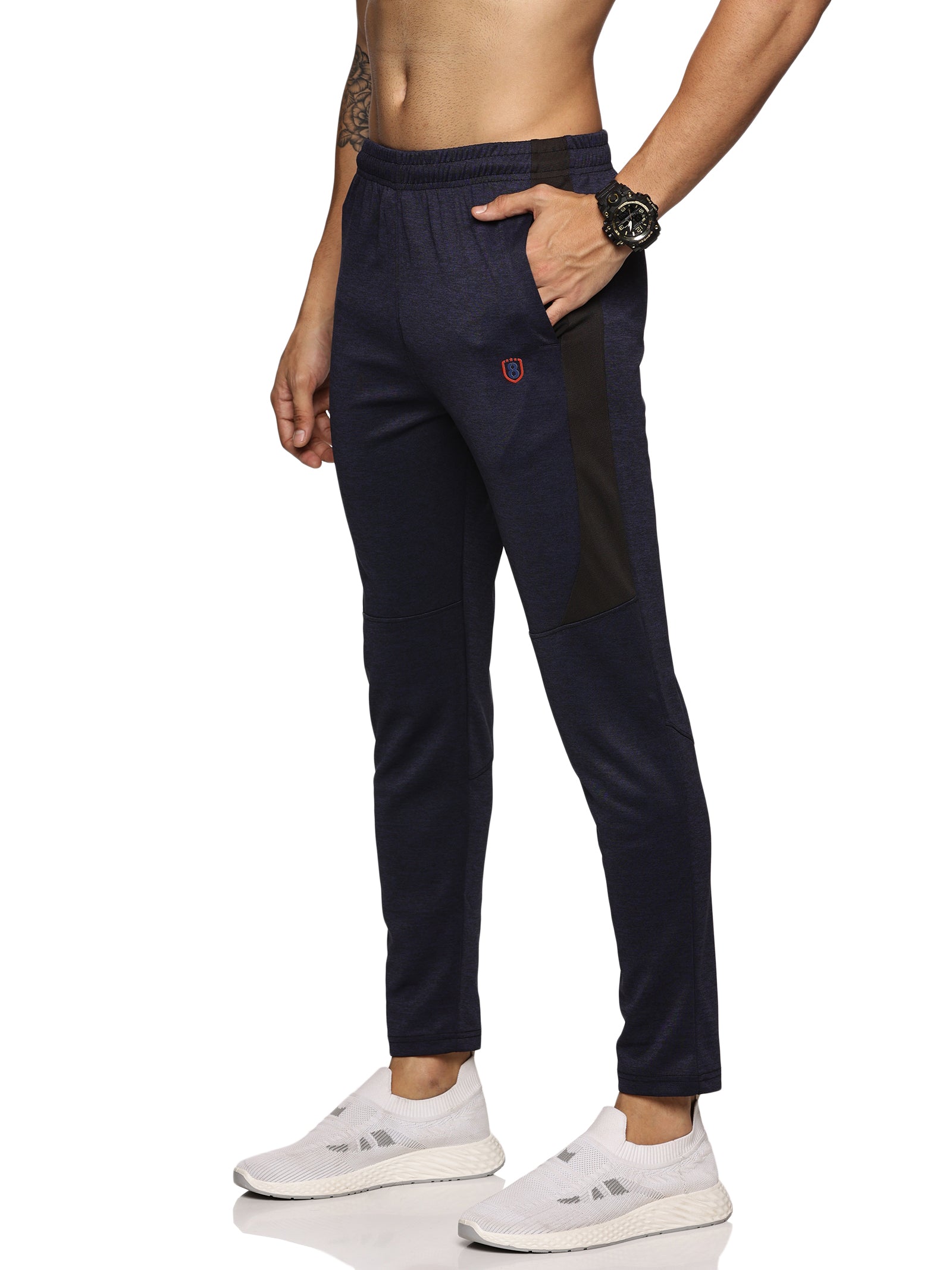 Front view of slim fit track pants for men with zipper pockets