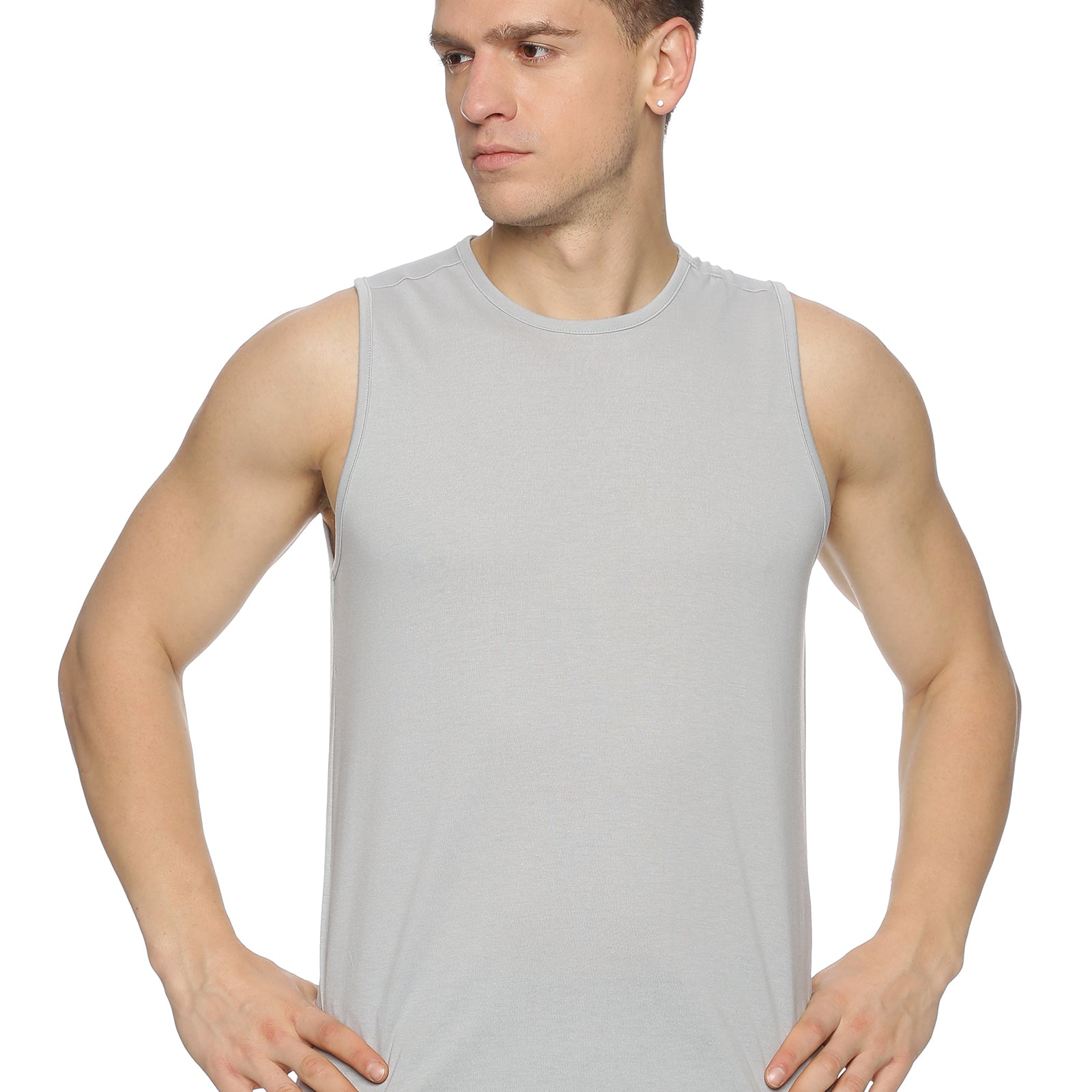 Men's grey sleeveless top designed for gym and workout sessions