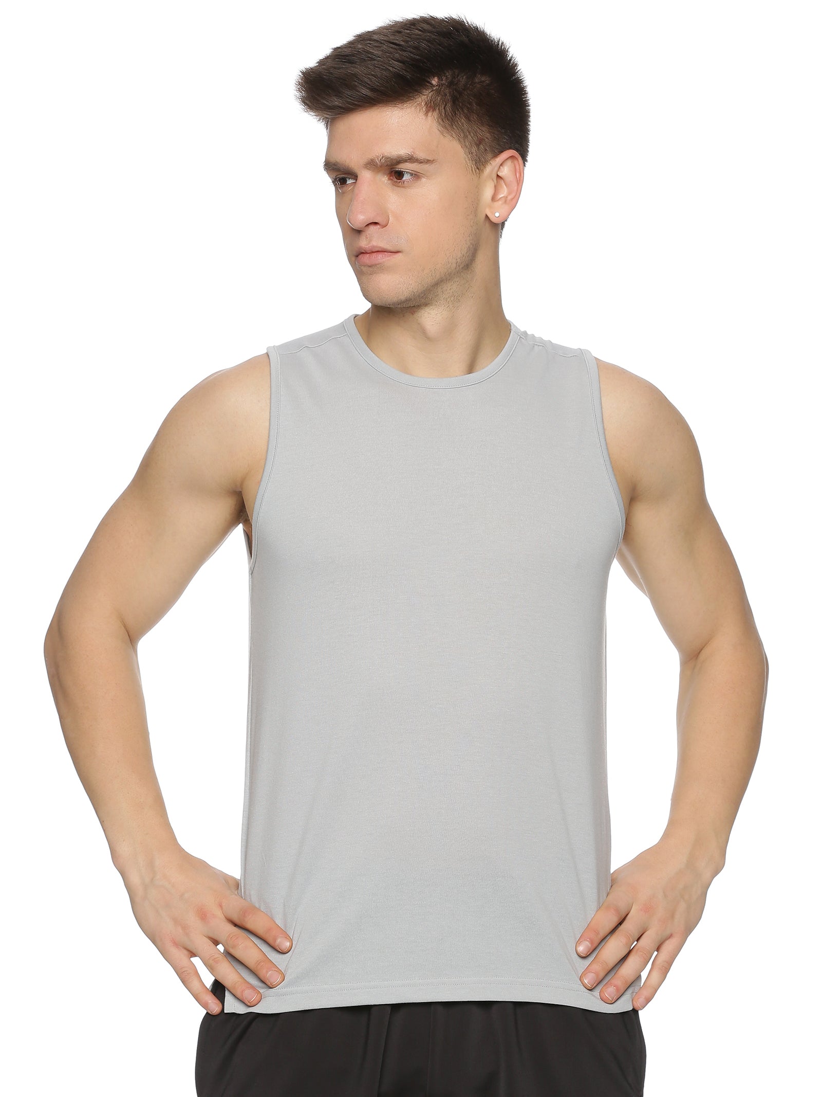 Men's grey sleeveless top designed for gym and workout sessions