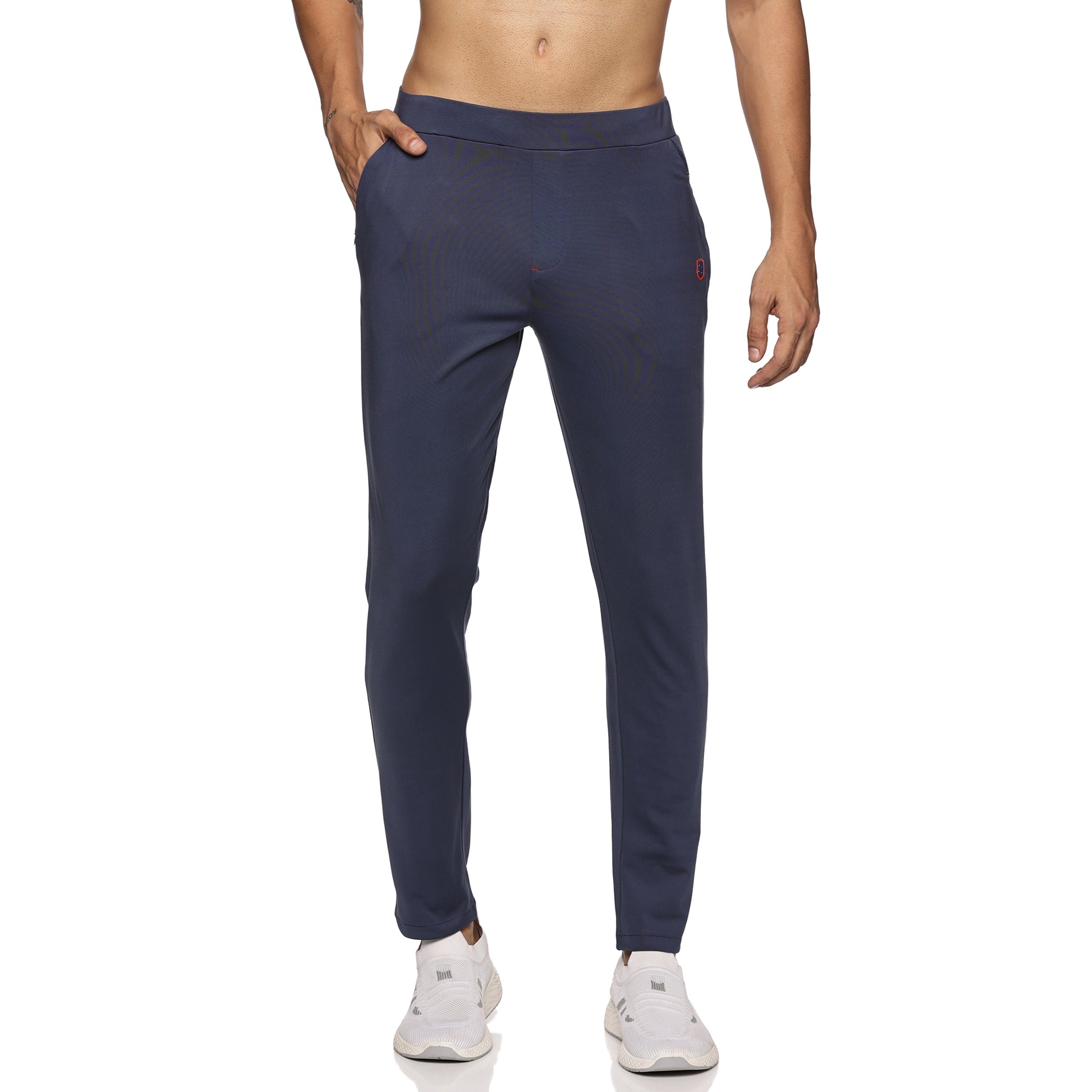 Men’s navy blue slim fit workleisure pants with zipper pockets