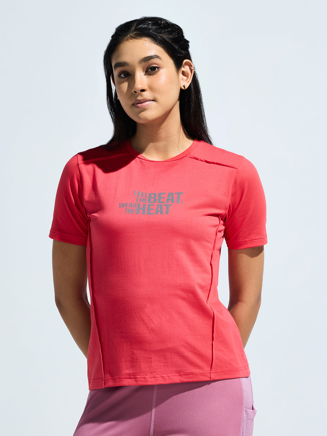 Women's Round Neck T Shirt with Reflective Print
