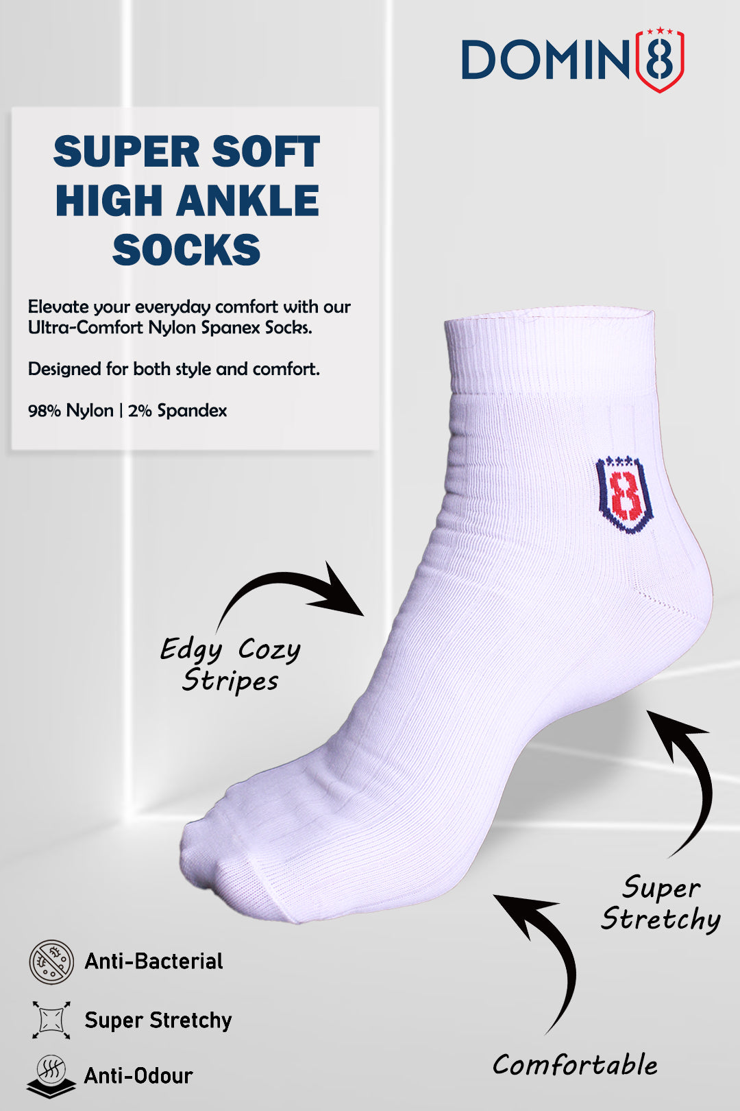 Close-up of white ankle high nylon socks showcasing soft fabric and durable elastic band.