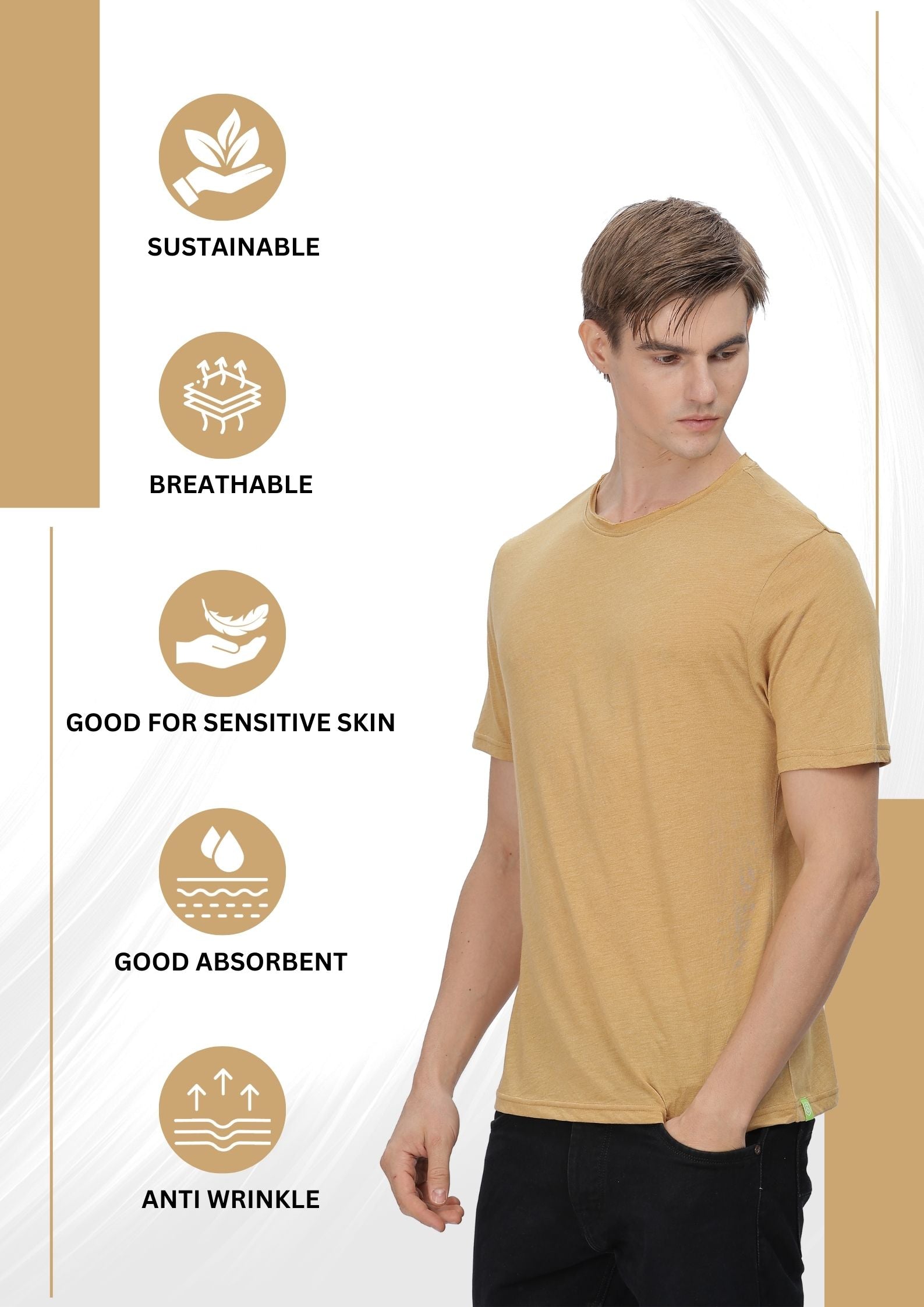 Model wearing a sustainable mustard shirt for men – comfortable fit