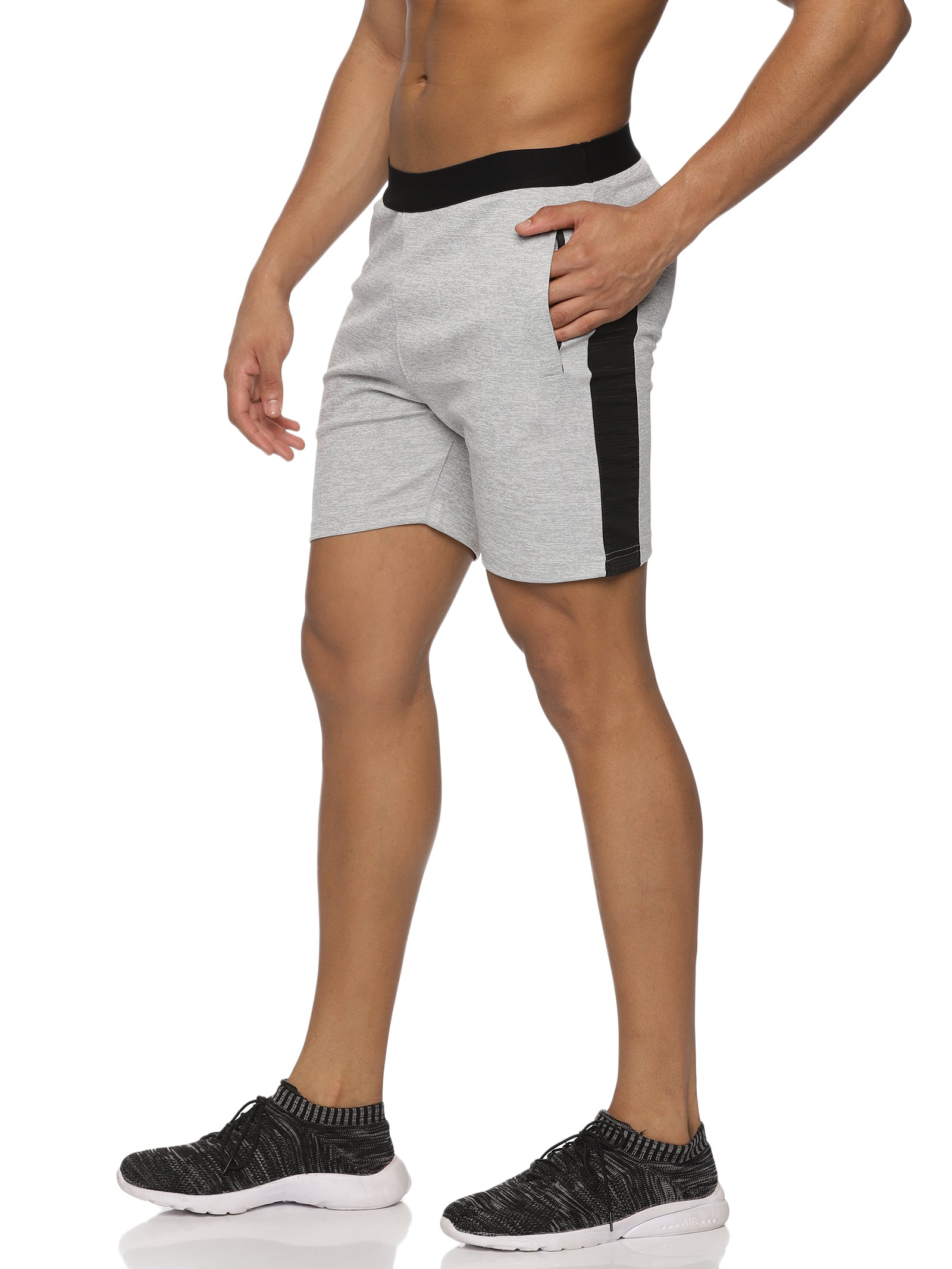 Front view of men's grey sports shorts with an elastic waistband.