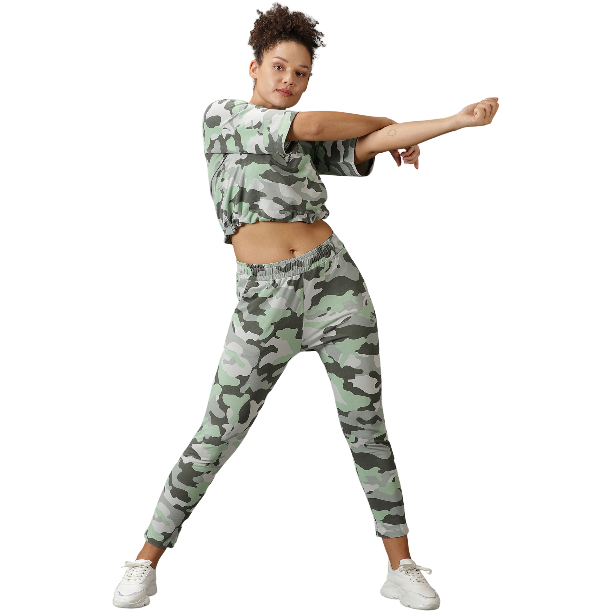 Front view of women's camouflage boxy fit tracksuit with a relaxed design.