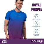 Model running outdoors in blue digital print training t-shirt.