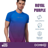 Model running outdoors in blue digital print training t-shirt.