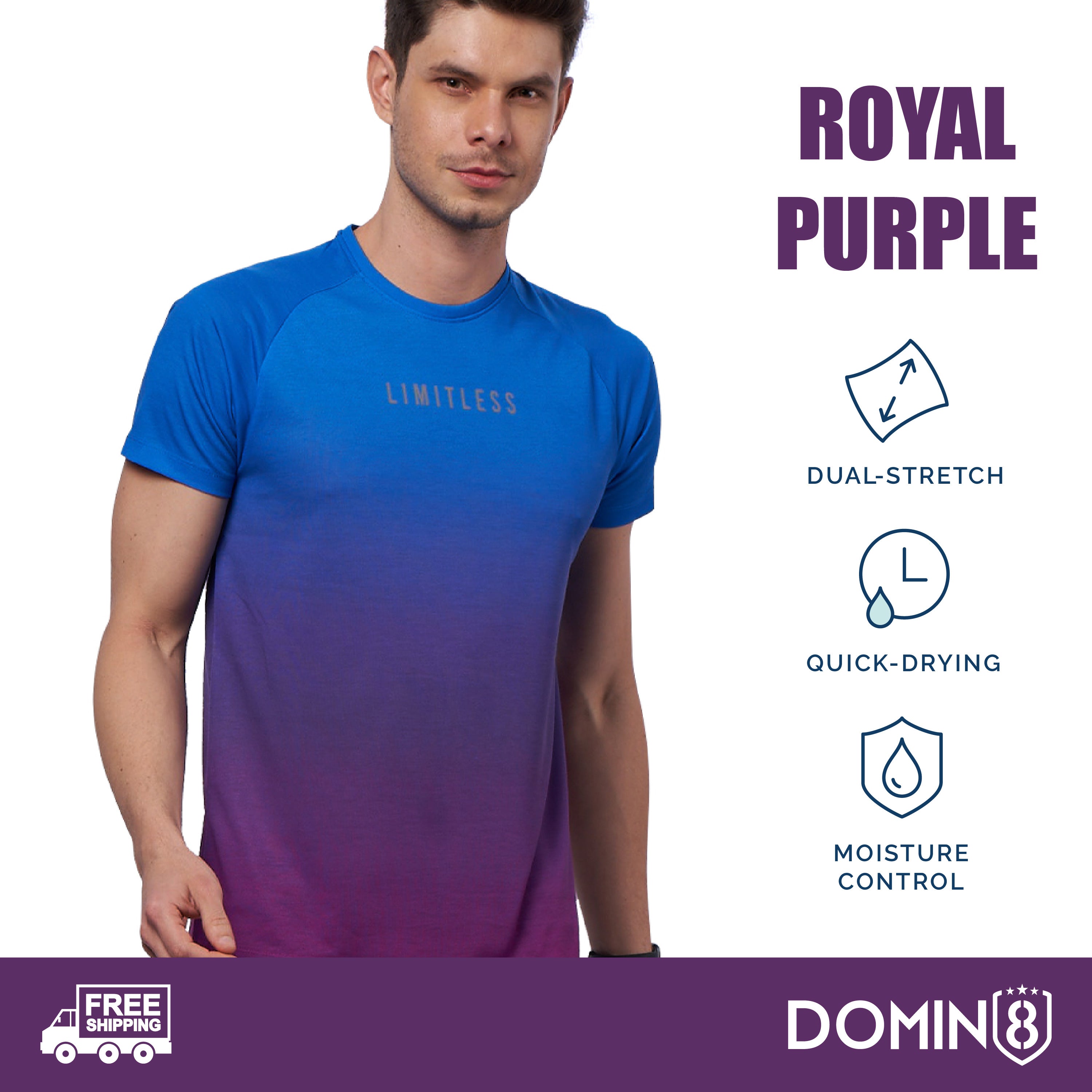 Model running outdoors in blue digital print training t-shirt.
