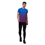 Flat lay of blue men's digital print training t-shirt with accessories.