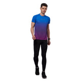 Flat lay of blue men's digital print training t-shirt with accessories.