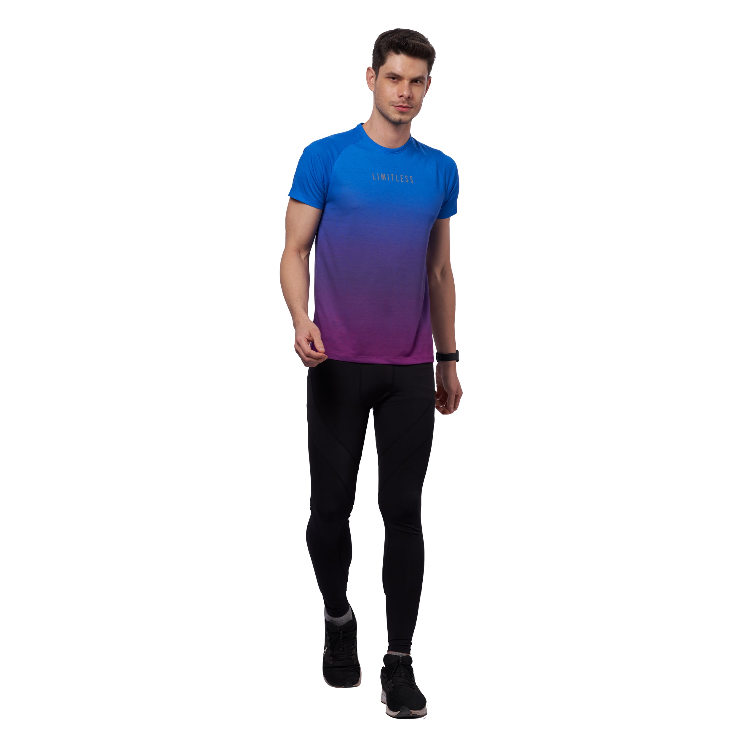 Flat lay of blue men's digital print training t-shirt with accessories.