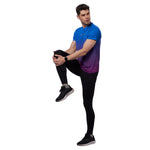 Model wearing blue men's digital print sports t-shirt during a workout.
