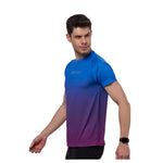 Close-up of short sleeves and fabric texture of blue sports t-shirt.