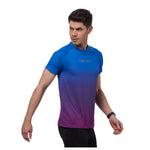 Side profile of slim-fit blue men's digital print training t-shirt.