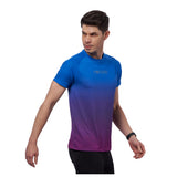 Side profile of slim-fit blue men's digital print training t-shirt.