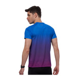 Back view of blue sports t-shirt for men with digital print design.