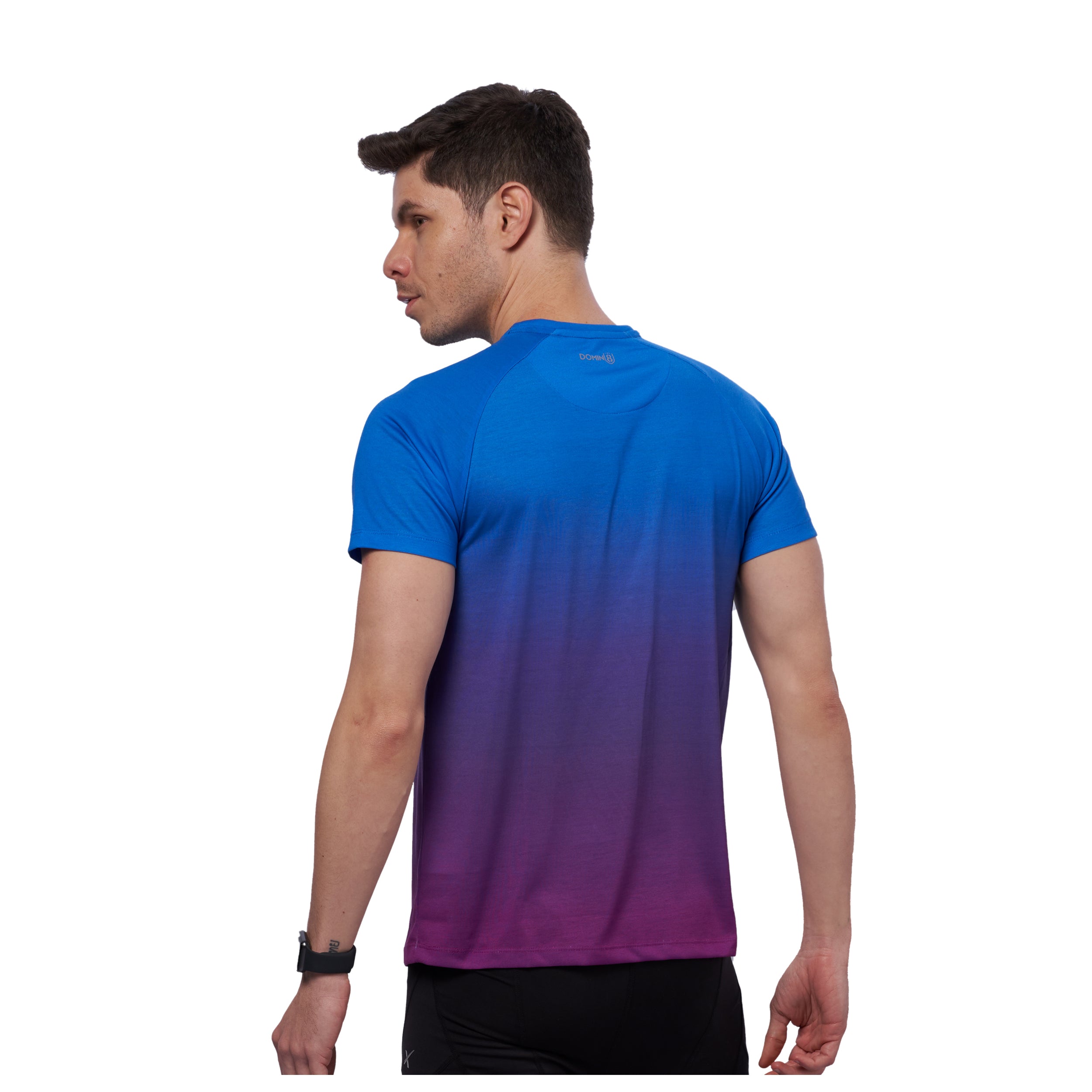 Back view of blue sports t-shirt for men with digital print design.