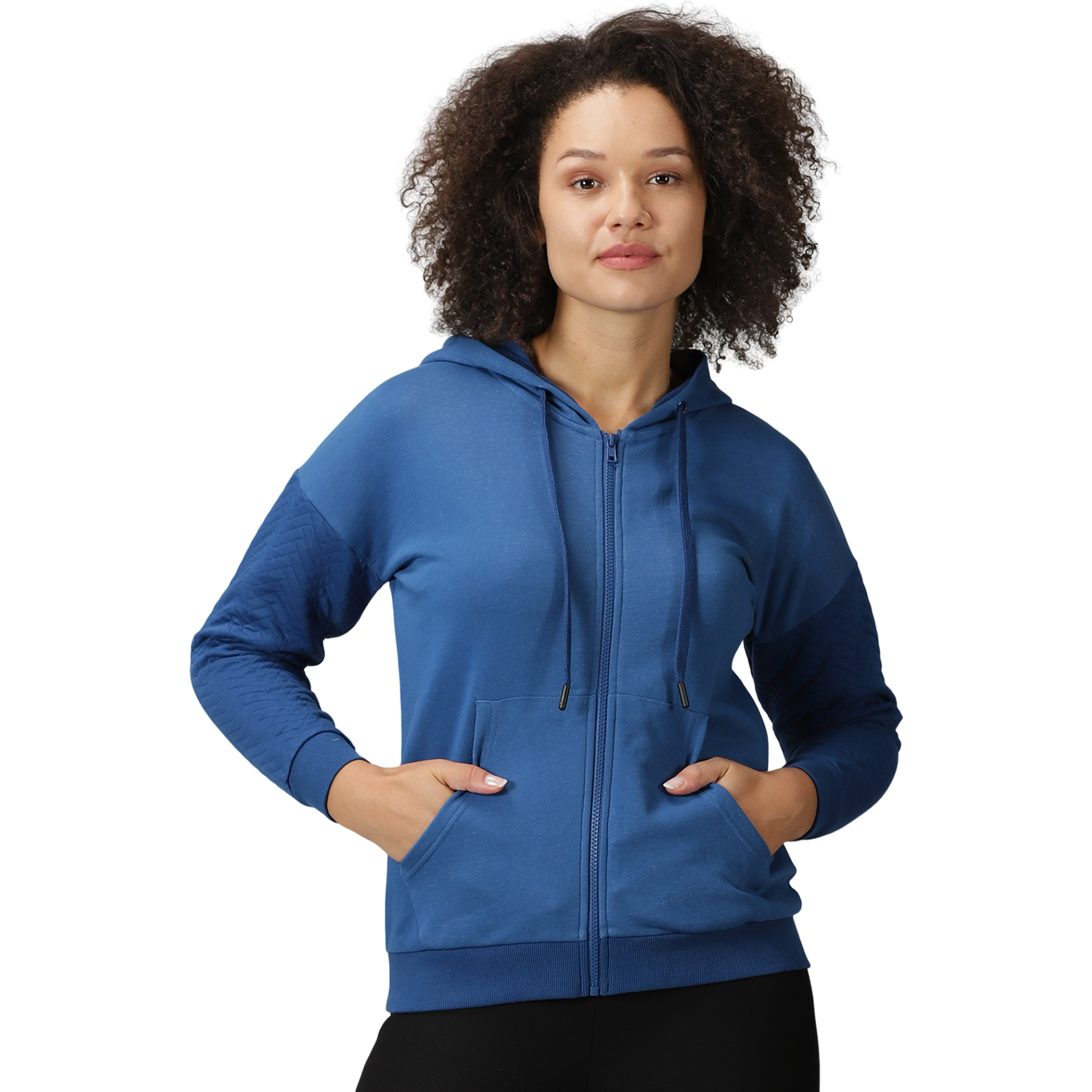 Women's blue quilted hooded sweatshirt with kangaroo pockets
